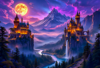 Two glowing castles sit on cliffs above a misty valley with a river winding below a full moon and colorful sky light the mountains and forest in a magical fantasy scene
