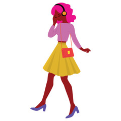 Young black girl, with a purse and headphones, listening to music.