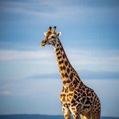 Obraz premium Majestic African Giraffe Stands Tall Against a Serene Blue Sky in the Wild Savanna, Showcasing its Unique Patterned Coat and Graceful Neck