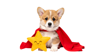 Corgi puppy wearing red cape with a smiling yellow star toy on black background