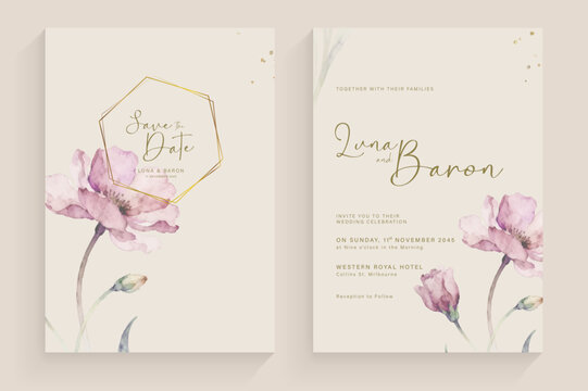 Watercolor Floral Wedding Invitation Template with Geometric Frame Design