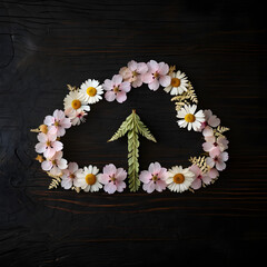 Digital legacy concept Cloud icon made of pressed flowers on dark wood symbolic memory preservation