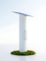 Climate tech object Solar-powered EV charger in garden setting moss around base clean energy integration