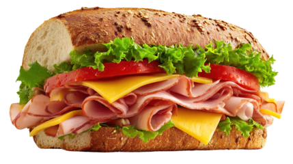 Ham and cheese salad submarine sandwich from freshly cut baguette