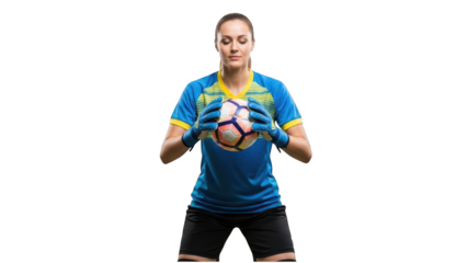A female soccer player in a blue jersey holding a soccer ball on transparent background