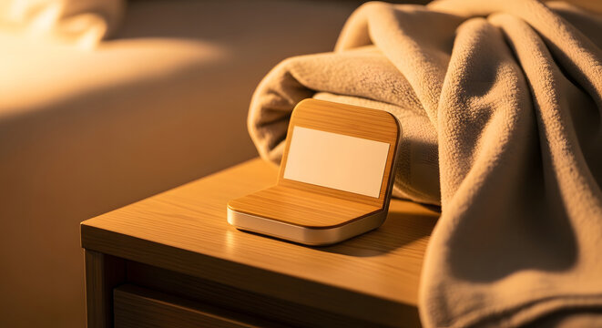 Modern wooden smart device on a nightstand next to a folded beig
