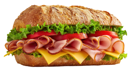 Ham and cheese salad submarine sandwich from freshly cut baguette