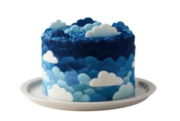 A blue cake with white clouds on it