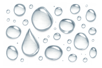 Clear water drops and droplets falling, splashing, or condensing with transparent background, motion blur effect