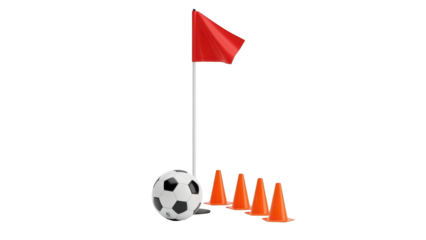 A soccer ball and orange cones with a red flag on transparent background
