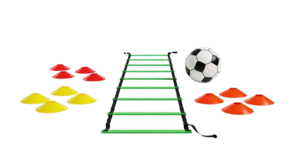 A soccer training ladder with cones and a ball on transparent background for athletic drills and exercises