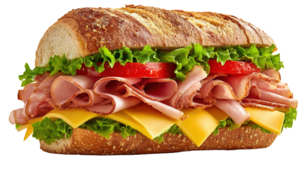 Ham and cheese salad submarine sandwich from freshly cut baguette