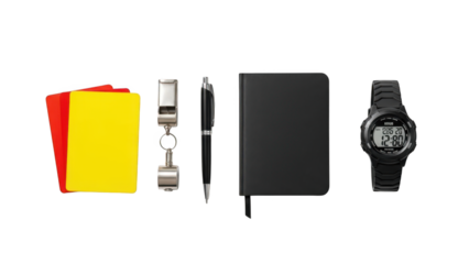 A collection of office and sports referee tools on transparent background