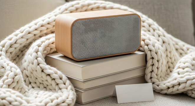 Wooden wireless speaker resting on a stack of books and a cozy k