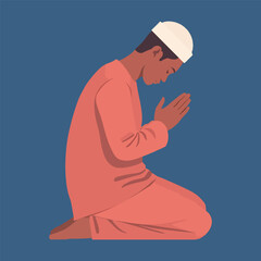 A Muslim man in traditional attire kneels in prayer with hands clasped and head bowed, against a blue background.
