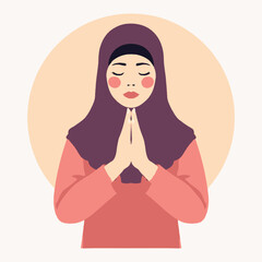 A serene Muslim woman in a hijab praying with clasped hands and closed eyes.