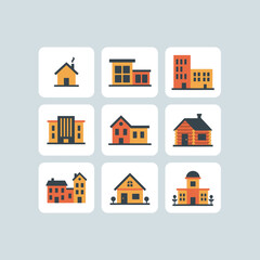 Residential Real Estate and Housing Icons Set Featuring Various House Styles Cottage Apartment Cabin Suburban Home and Modern Living Architecture Symbols for Agency