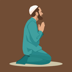 A Muslim man with a beard and kufi kneels in prayer or meditation on a mat, depicted in a flat vector illustration.