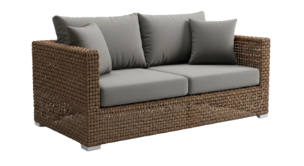 Brown wicker sofa with grey cushions isolated on black background couch furniture, Isolated On Png Transparent Background