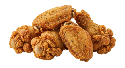 Pile of crispy golden brown fried chicken wings and drumsticks with herbs image, Isolated On Png Transparent Background