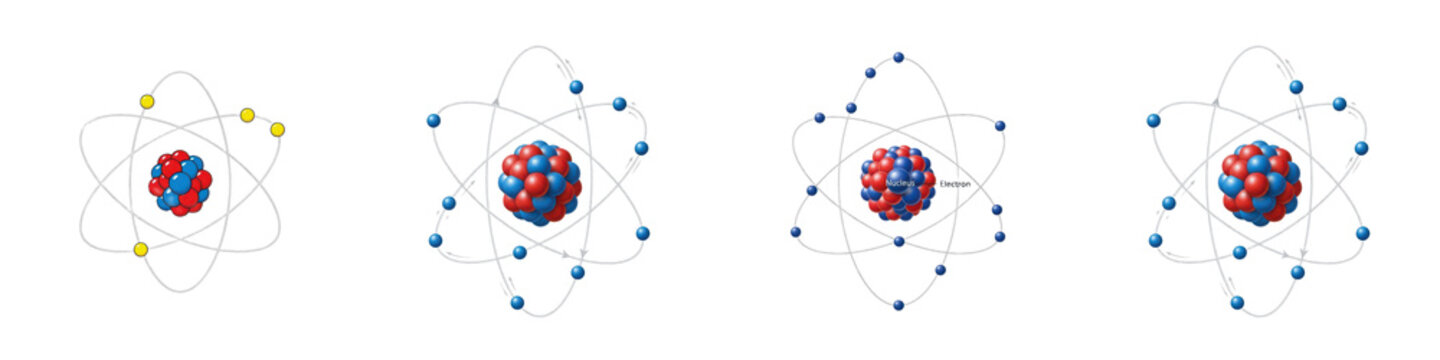 Set of Atomic Model Diagrams with Protons, Neutrons, and Electrons, Science Education Concept, Isolated on White Background
