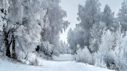 Winter's Enchanted Path: Frost-Covered Trees in a Snowy Forest Landscape