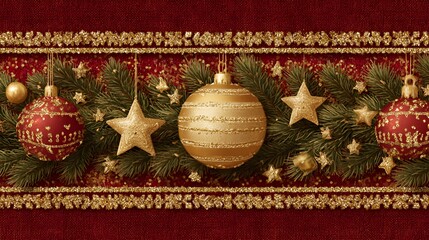 Festive Red and Gold Christmas Ornaments with Pine Branches Holiday Decor