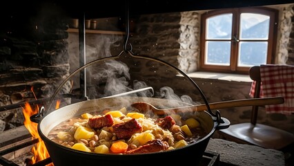 Warmth of the Rustic Hearth: A hearty stew simmers in a cast iron pot over an open fire, filling the rustic kitchen with comforting aromas. Steam billows up toward the old stone window.
