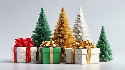 Festive Holiday Decor: Colorful Christmas Trees with Gift Boxes and Ribbons