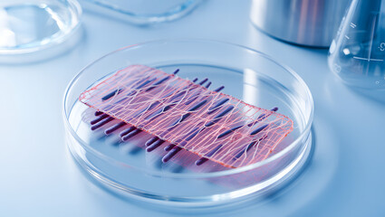 Future of food lab Petri dish with cultivated meat cells microscope view clean science innovation