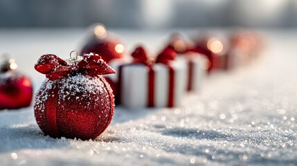 Snow-Kissed Red: Festive Ornaments and Gift Boxes in Winter Light