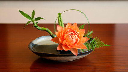 Beautiful Ikebana floral arrangement with orange flower and bamboo