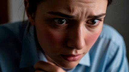 Young woman with a worried, intense expression looks down.