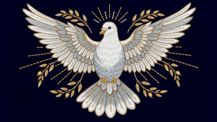 White dove embroidery with golden olive branches and radiant light