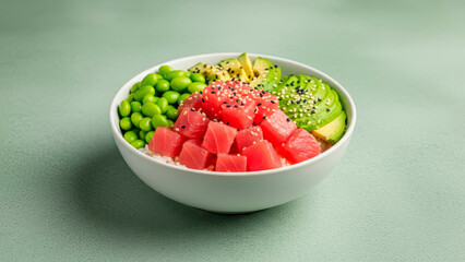 Delicious tuna poke bowl with fresh avocado, edamame, and rice.