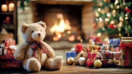 Cozy Christmas Eve: Teddy Bear by Fireplace with Decorated Tree & Gifts