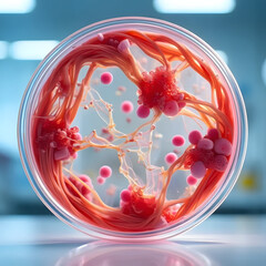 Future of food lab Petri dish with cultivated meat cells microscope view clean science innovation