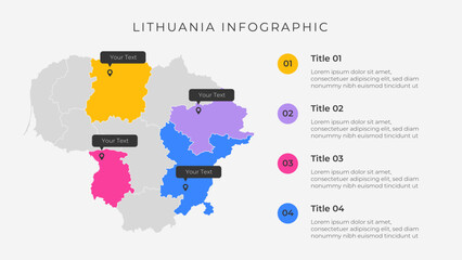 Lithuania map infographic template with 4 options. Lithuania political map infographic for presentation.