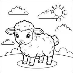 Obraz premium Cartoon lamb standing on a hill with clouds and the sun in the sky.