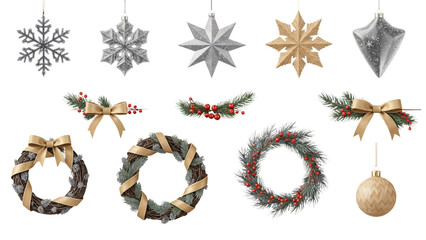 Christmas ornaments collection with wreaths stars and berries.