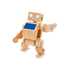 Gen Alpha tech toy Wooden robot with solar panel educational sustainable design isolated on white