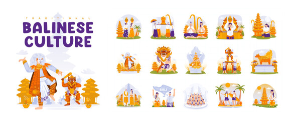Balinese Culture and Ceremonial Traditions Vector Illustration Set