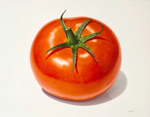 흰 배경 위 초록 줄기가 달린 신선한 빨간 토마토 Single fresh red tomato with green stem on white