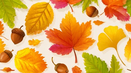 Autumn Splendor: Vibrant Fall Leaves and Acorns Seamless Pattern