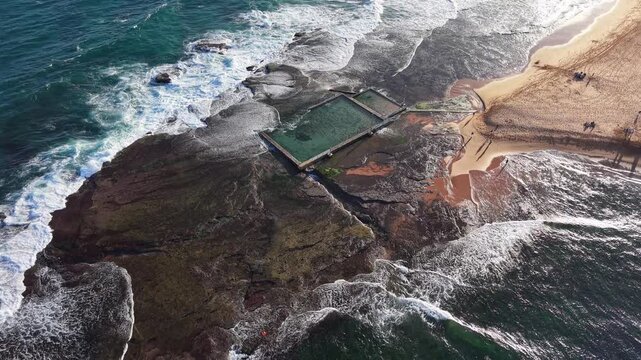 Aerial view of Mona Vale Beach, Northern Beaches NSW, Sydney, Australia. Aerial coastal landscape. 