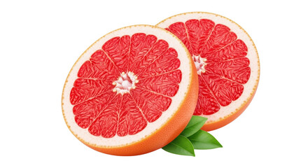Two halves of a bright pink grapefruit with green leaves on black background citrus food, Isolated On Png Transparent Background