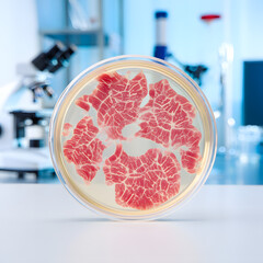 Future of food lab Petri dish with cultivated meat cells microscope view clean science innovation