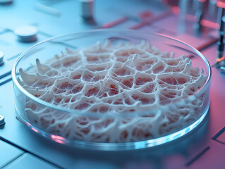 Future of food lab Petri dish with cultivated meat cells microscope view clean science innovation