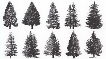 Obraz premium Vintage Pine Tree Illustrations: Black and White Evergreen Art Collection