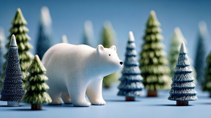Arctic Whispers: Frosted Pine Forest with Polar Bear Figurine